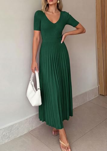 Image of PRETTYGARDEN Women's 2026 Spring Midi Sweater Dresses Elegant Pleated Ribbed Knit Short Sleeve V Neck A Line Summer Outfits