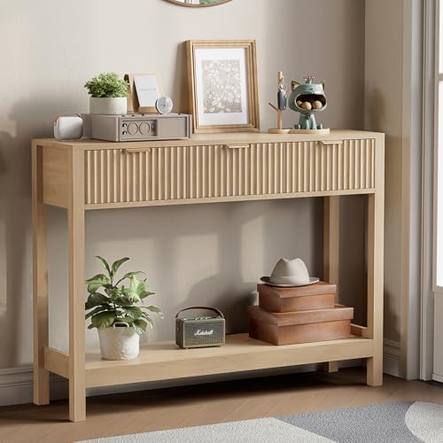 Nasonet Fluted Console Table, Wooden Sofa Table with Storage and Drawers, Farmhouse Behind Couch Table Entryway Table for Entrance, Hallway, Living Room, Oak
