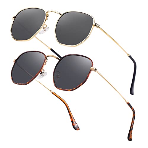 Image of Hipster Hexagonal Polarized Sunglasses Men Women Geometric Square Small Vintage Metal Frame Retro Shade Glasses