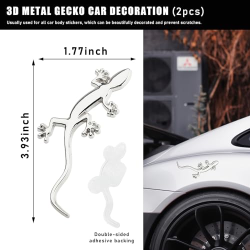 Dickno 2 PCS Gecko Car Stickers, Fashion 3D Gecko Shape Metal Badge Decal, Auto Window Door Bumper DIY Decoration Emblem Sticker, Universal Vehicle Exterior Decor Accessories (Silver)