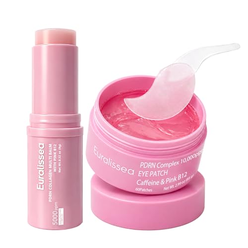Euralissea PDRN Collagen Multi Balm Stick & Eye Patches Set, Pink B12 & Caffeine Under Eye Care, 0.32 Oz Balm + 60 Patches