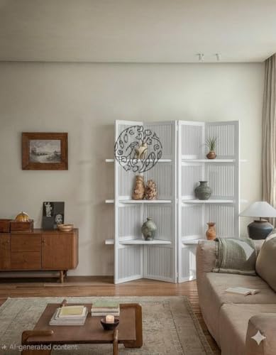 Image of Wooden Partition Divider for Living Room, Partition Wall, Privacy Divider, Freestanding Folding Panels for (6 Feet 4 Panel with 3 Shelve) (6 Feet 4 Panel White with 3 Shelves)