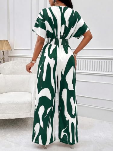 Image of PerZeal Women's V-Neck Short Sleeve Printed Jumpsuit with Pockets - Casual Wide Leg One-Piece Romper for Summer(S-XXL)