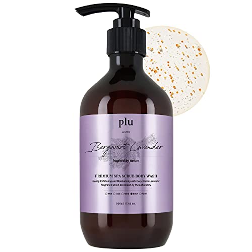 Plu Premium Spa Scrub Body Wash - Bergamot Lavender - Sea Salt, Walnut Shell, Grape Seed Powder - Gentle Exfoliating & Moisturizing Body Cleanser - For Silky Smooth Skin, 16.9 Fl.oz. #TOP6