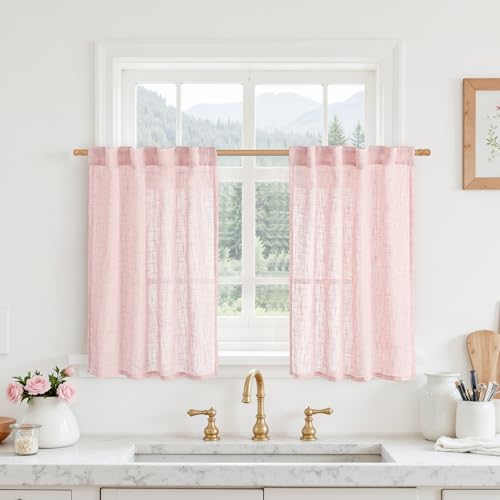 LAMIT Short Linen Curtains 30 Inch Length for Cafe, Semi Sheer Light Filtering Panels Back Tab and Rod Pocket Country Decor Drapes for Basement/Small Window, Pink, 2 Panels, 34 x 30 Inch