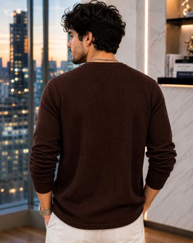 Image of AUSK Men's Waffle Knit Henley T-Shirt | Cotton Blend Full Sleeve Textured Casual T Shirt | Regular Fit Button Placket Round Neck Tshirt for Men