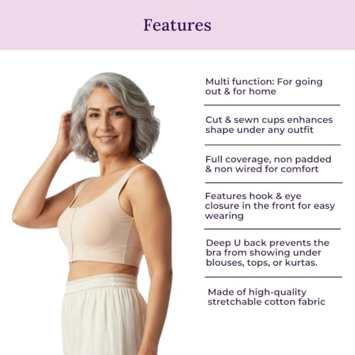 Image of ADIRA | Front Open Bra for Elderly Women | Non Padded & Non Wired | Bra for Elderly Women | Full Coverage with Front Hook | U-Back | Stretchable Cotton Fabric | Pack of 1