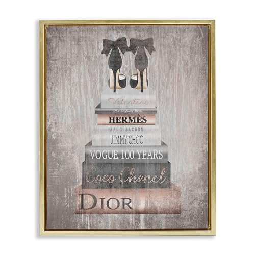 Image of 'Book Stack Heels Metallic Pink'| Floating Frame Canvas Art | Stupell Industries | Gold, 17 x 21 Inches, Easy to Hang and Sturdy, Made in USA, by Amanda Greenwood