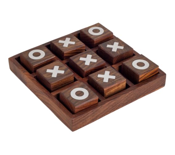 Tic Tac Toe Morpion-Spiel aus Holz - Dekoratives Gesellschaftsspiel mit Spielsteinen X und O - 18 cm
