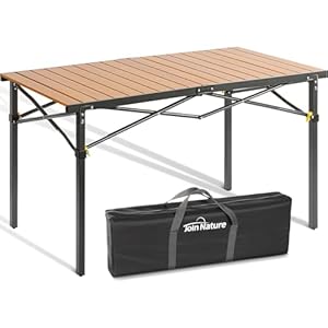 Join Nature 46.4″ Large Folding Camping Table for 2-6 People – Heavy Duty Camp Table Foldable with Aluminum Roll-Up Top & Carry Bag – 220lbs Capacity, Portable for BBQ, Tailgating, Backyard (Natural)