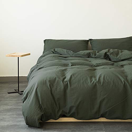 Washed Cotton Duvet Cover Dark Green Reversible Solid Color Bedding Set Modern Simple Quilt Cover With Zipper King Bed Set For Men #TOP4