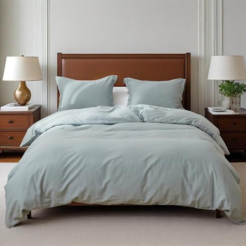 Simple&Opulence 100% Linen Duvet Cover Set, 3 PCS Natural French Flax Dusty Blue Duvet Cover Full Size, Breathable Soft Comfy Linen Bedding Comforter Cover with 2 Pillowcases(Dusty Blue, 86"x78")