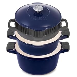 NATIVO 5 pc Stackable Cast Iron Cookware Set, Versatile Enamel Dutch Oven, Seasoned Grill Pan & Enamel Braiser with Precision Pour Spouts, Universal Lid, Included Spacers/Handle Holders, Midnight Blue