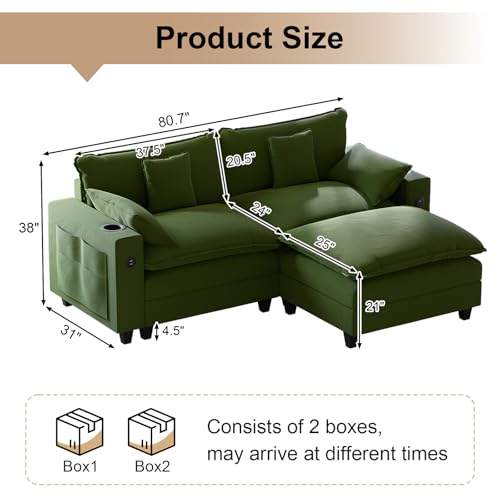Image of KCGKCG 80.7 inch Modular Sectional Sofa, L Shaped Cloud Couch with Movable Ottoman, Chenille Deep Seat Cloud Sofa with Charging Station, Cup Holder, Side Pocket, Sectional Couches for Living Room, Green