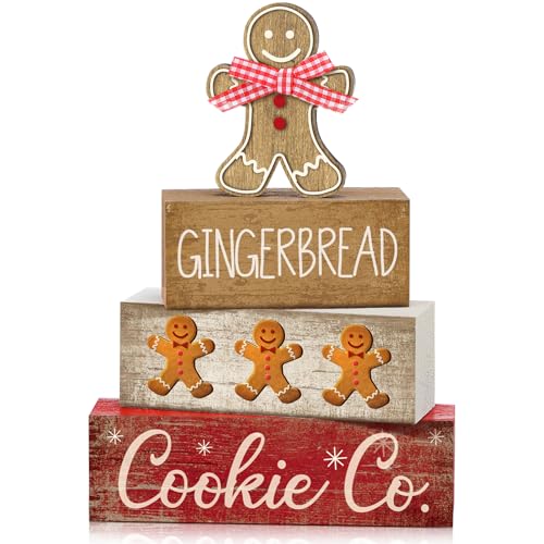 Image of Moucuny 4 Pcs Christmas Table Decor Gingerbread Man Decoration Christmas Centerpiece Winter Tiered Tray Decor Rustic Gingerbread Block Signs Gift Winter Table Decoration for Xmas Party Kitchen Home