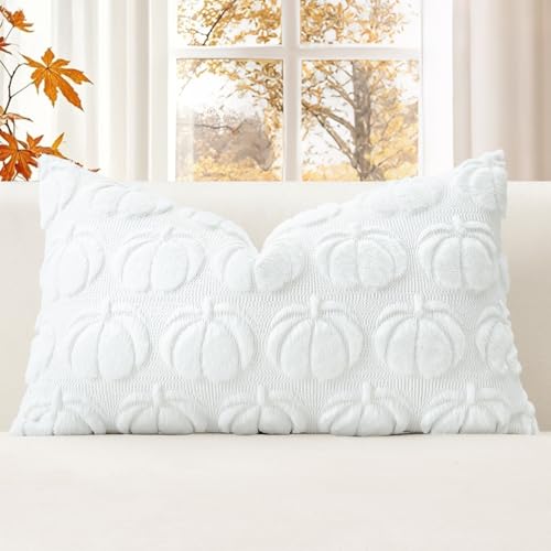 JOTOM Fundas de Cojín Calabaza 30x50cm de Lana de Peluche de Piel Falsa Suave Decorativas para Sofá Dormitorio del Hogar Otoño Acción de Gracias Blanco