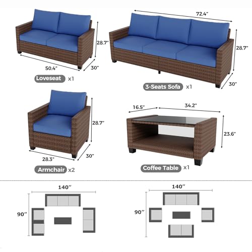 Garvee Outdoor Patio Furniture Set 5 Pieces, PE Rattan Wicker sectional Patio Conversation Set with Waterproof Cusions and Coffee Table, Brown and Blue