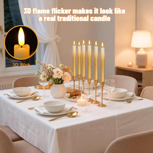 Image of Gold Flameless Taper Candles Battery Operated with Remote Timer Set of 6 Flickering LED Taper Candles Real Wax 3D Wick Real Wax Dinner Wedding Holiday Decor(0.78 inch D x 9.64 inch H)