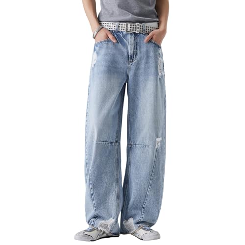 Men's Retro Style Wide Leg Jeans, Light Blue Denim, High Waist, Distressed, American Fashion, Casual Street Wear (US, Alpha, X-Large, Regular, Regular)
