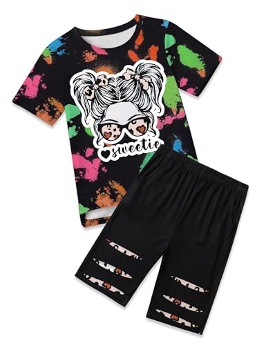 Image of Girls Clothes Short Sleeve Tie Dye Top Shorts and Pants 2PCS Girls Summer Outfits Size 6-16