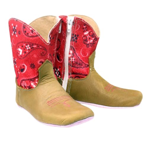 Tin Haul Girl's Sparkles Western Boots, Brown Leather with Red Bandana Print, Side Zip (Brown, US Footwear Size System, Infant, Women, Numeric, Medium, 2)