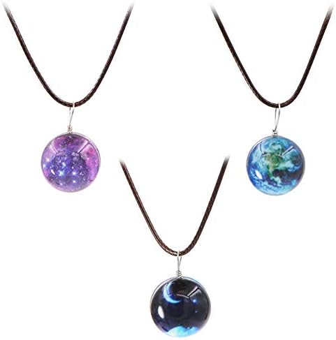 Set of 3 Luminous Earth Moon Star Night Round Glass Ball Pendant Necklace for Girl Women Gift