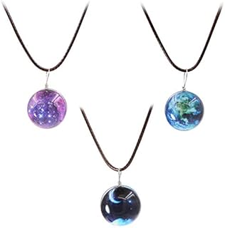 Set of 3 Luminous Earth Moon Star Night Round Glass Ball Pendant Necklace for Girl Women Gift