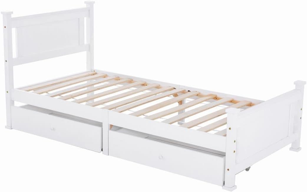 Buy Single Bed Storage Wooden Bed Frame with Two Drawers, Headboard and