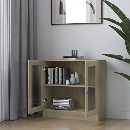 Homgoday Vitrina de Cristal con 2 Compartimentos 2 Puertas, Vitrina Salón, Mueble de Salón, Aparador Comedor, Aparador Cocina Vitrina de Madera ingeniería Roble Sonoma 82,5x30,5x80 cm