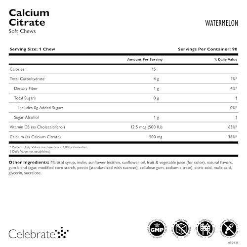 Celebrate Vitamins Bariatric 500mg Calcium Citrate Soft Chews with 500 IU Vitamin D3 – Essential for Gastric Bypass Patients & Bone Health - Sugar & Gluten Free, Melon (90 Chews) - Image 4