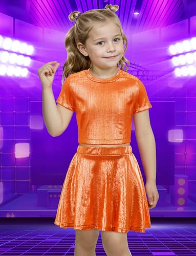Image of Happy Cherry Kid Girl Shiny Skirt and Top Set 2 Piece Texture Ribbed Metallic Disco Rave Cheer Outfit 4-12T