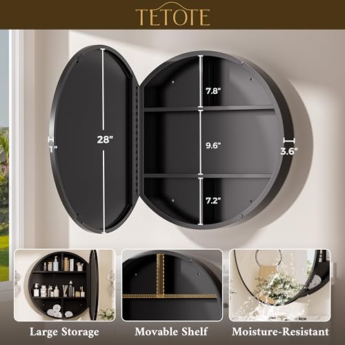 Image of TETOTE Bathroom Mirror Cabinet 28 x 28 Black Round Bathroom Medicine Cabinet with Adjustable Shelves Farmhouse Wall Mirror with Storage Surface Mounted