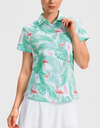 SANTINY Golf Polo Shirts for Women Short Sleeve Quick Dry 3 Buttons Collared Pickleball Shirt Summer Golf Tennis Tops (Green Leaf Flamingo_3XL) — view 2