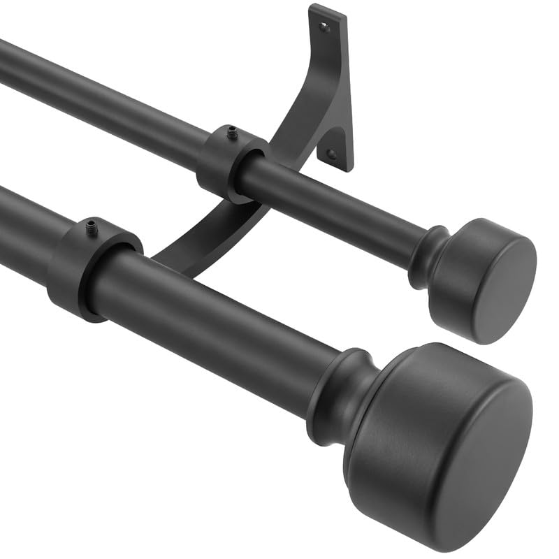 Matte Black Double Curtain Rods 72-144 Inches, Adjustable Double Rod Curtain Rods with Modern End Cap, Heavy Duty Double Window Rod, 1-Inch Front and 5/8 Inch Back Telescoping Double Drapery Rod