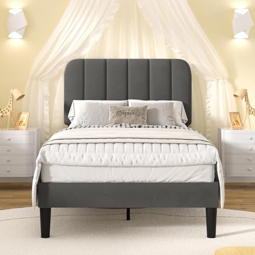 VECELO Cama tapizada de 90 x 200 cm con somier de láminas, Tela Aterciopelada Agradable al Tacto, Cama Individual (sin colchón), Acero aleado, Gris