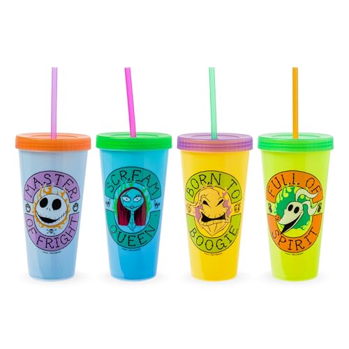 Disney The Nightmare Before Christmas Townsfolk Color-Changing Plastic Tumbler Cups, Set of 4 | Include Reusable Straw and Leak-Resistant Lid