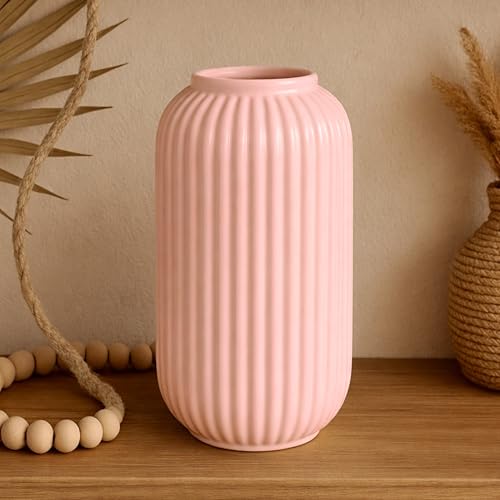 Image of Art Street Modern Ribbed Ceramic Flower Vase | Pink Decorative Boho Vase for Living Room, Bedroom & Office Dcor - (Flower not Included) 5x9 Inch