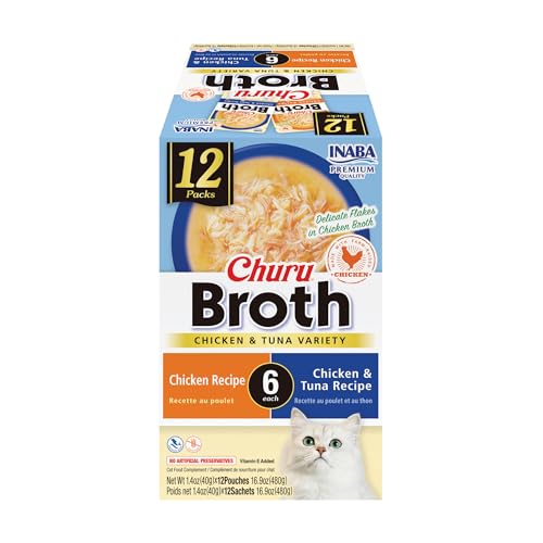 INABA Churu Broth for Cats, Side Dish Pouch, 1.4 Ounces per Pouch, 12 Pouches, Chicken and Tuna Variety