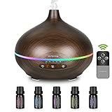 [El regalo perfecto]: Con su diseño minimalista y moderno y su luz de colores suaves, es visualmente agradable y decora perfectamente la habitación. Incluye un mando a distancia y 5 botellas de 10 ml de aceites vegetales 100% naturales. Una opción de regalo perfecta.（Nota: Por favor, tenga cuidado de limpiar después del uso para que los aceites esenciales residuales no bloqueen la salida de aire en el difusor de aromaterapia y afecten al siguiente uso.）
