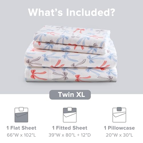Image of Intelligent Design Flannel Sheets Twin XL, Cozy Soft 100% Cotton Flannel Bedding, Printed Warm Twin XL Sheets Set, Ultra Soft Cold Weather Bed Sheet Set, Happy Bows, 3 Piece