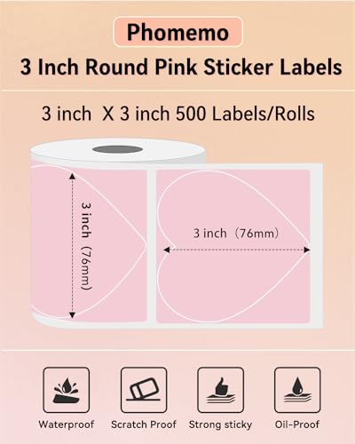 Image of Phomemo 3' Pink Heart Thermal Labels, 500 Labels /Roll