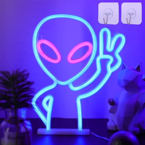 DWOOKE Alien Neon Lights LED Neon Signs for Wall Decor Neon Light Sign Alien Battery/USB Powered Wall Neon Lights for Men Bedroom Decor for Home Game Room Bar Party Kids Birthday Gifts(Blue Pink)