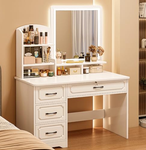 RIKCAT Visor com espelho LED, toucador branco, toucador de maquilhagem com gavetas, luz ajustável em 3 cores, 4 gavetas