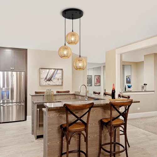 Image of Round 3 Light Boho Pendant Light Rattan Hanging Lamp | Hand Woven Wicker Small Chandelier Hanging Lights Fixture for Bedroom Kitchen Hallway Foyer