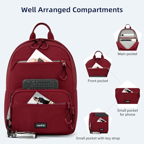 Image of HanTrip Carry On Travel Backpack For Men Women, 13 Inch Small Mini Work Bag Personal Item Backpacks, Camping Back Pack Lightweight Hiking Daypack For Office Nurse Commuter (Burgundy)