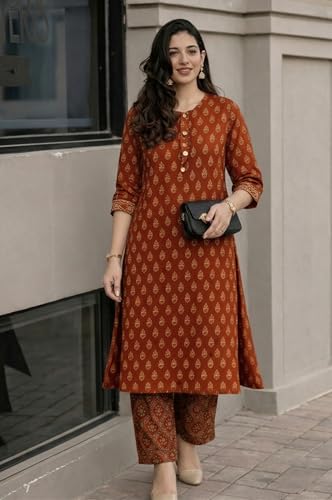 Image of ANNI Designer Kurta Set for Women Viscose Printed | Kurti Set for Woman | Kurta Pant Set | 2 Piece Set Women | Mandarin Neck 3 /4 Sleeve Regular Fit Stylish Ethnic Outfit Clothing