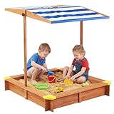 Kid's Sandbox with Cover, 46''x46'' Outdoor Wooden Sandpit w/Adjustable Canopy for Backyard Play