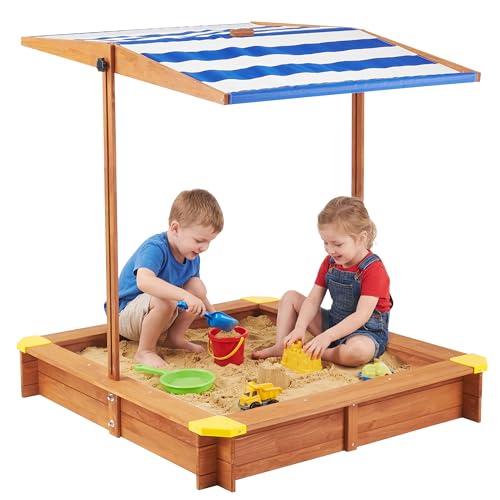 Kid's Sandbox with Cover, 46''x46'' Outdoor Wooden Sandpit w/Adjustable Canopy for Backyard Play