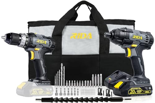 RIDA Cordless Drill Combo Kit Driver/Impact Combo Kit 20V, 2-Tool with 1 x 2.0 Ah Li-Ion Compact Battery & 1 Hour Fast Charger and Carry Bag and 30pcs Drill/Driver Bits New Year presents