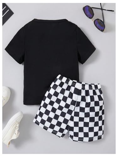 WDIRARA Toddler Boy's 2 Piece Checkered Short Sleeve Tee Gym Shorts Set Tracksuit2